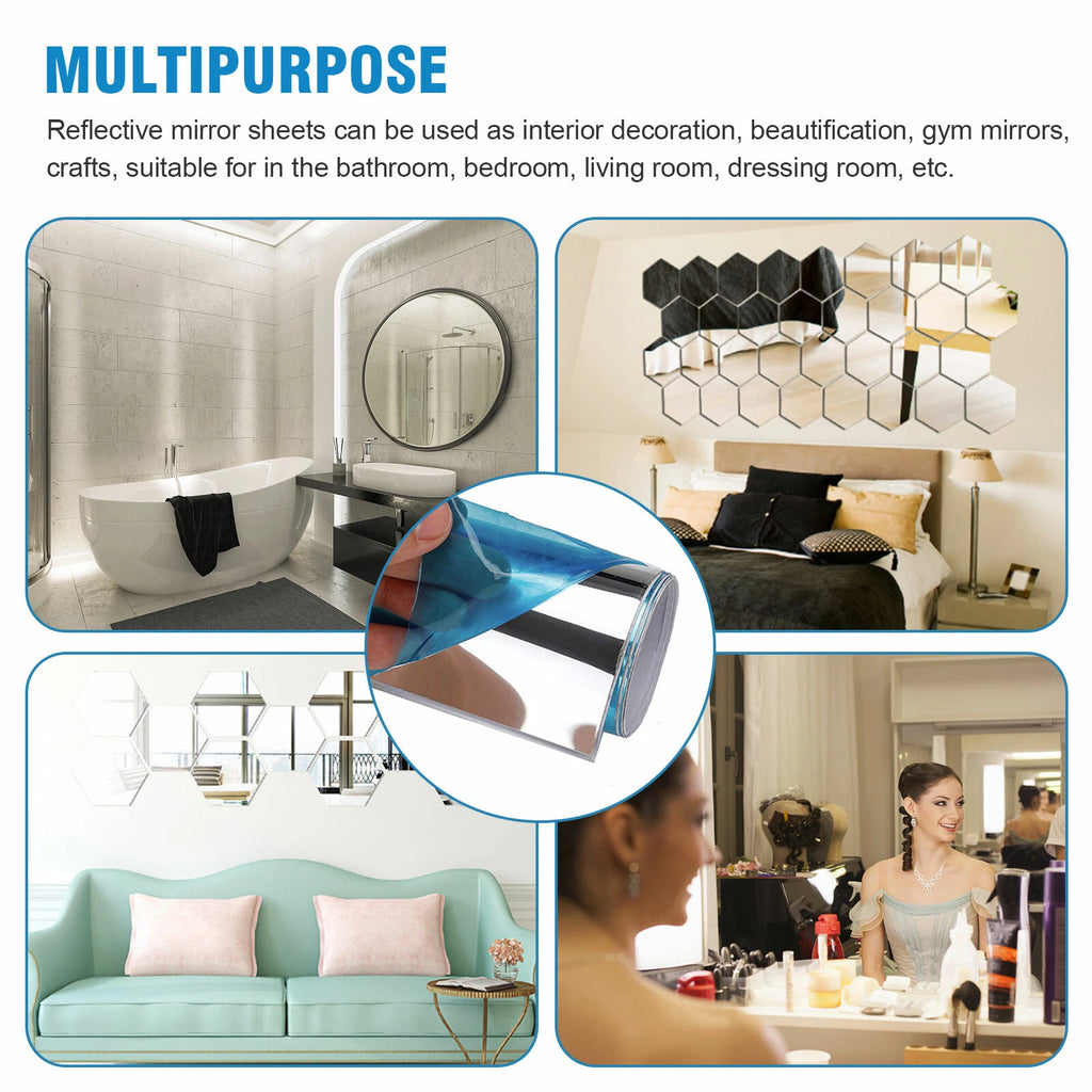 Flexible Mirror Wall Sticker Shatterproof Silver PET Film 50x100cm Free Ship