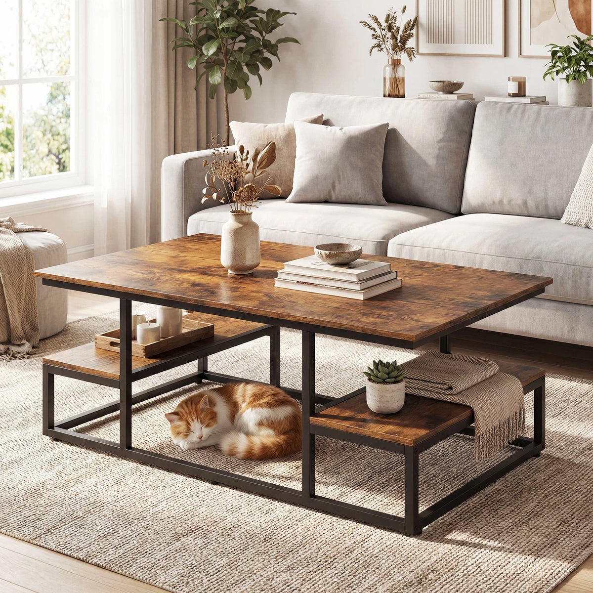 Rustic Coffee Table with Storage Shelves – Modern Rectangular Center Table