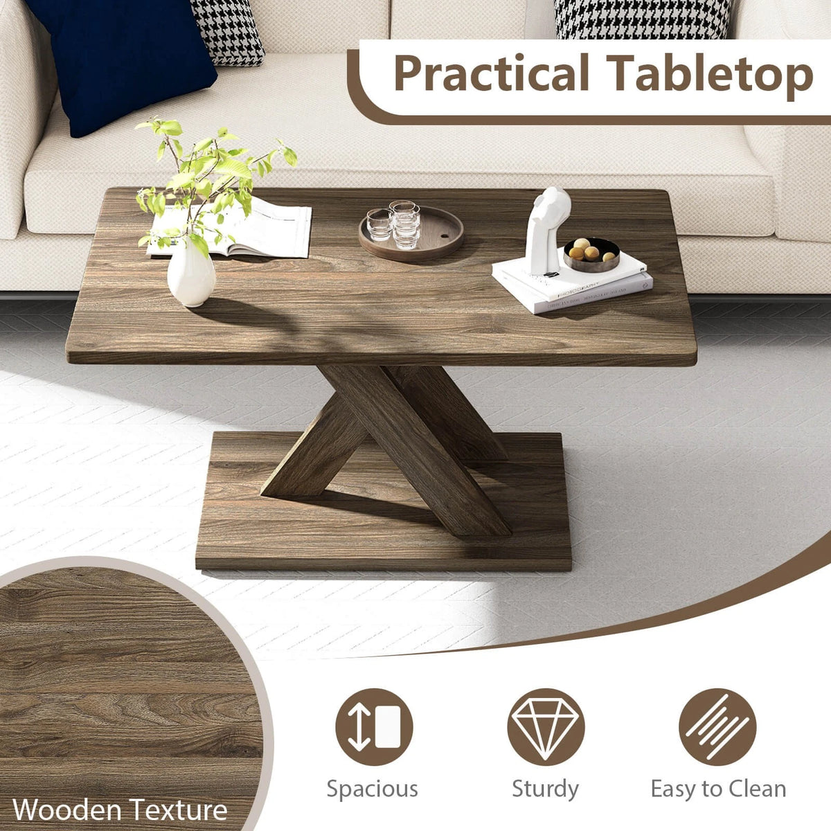 37.5" Modern Coffee Table – Rustic Wood, Stable Base