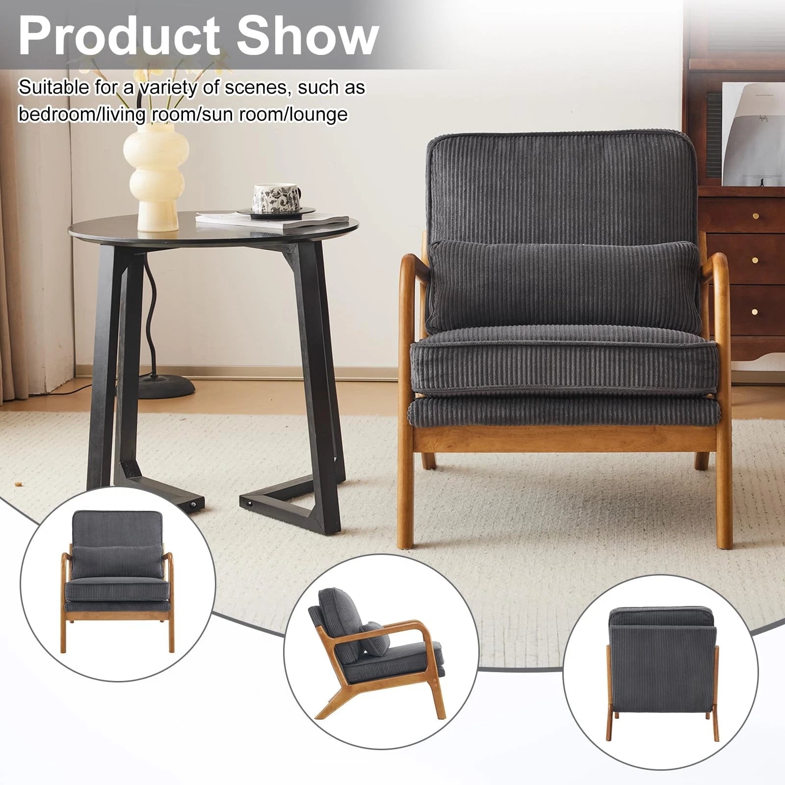 Mid-Century Modern Accent Chair – Corduroy Upholstered Lounge Chair with Curved Wood Arms, Includes Back Pillow,