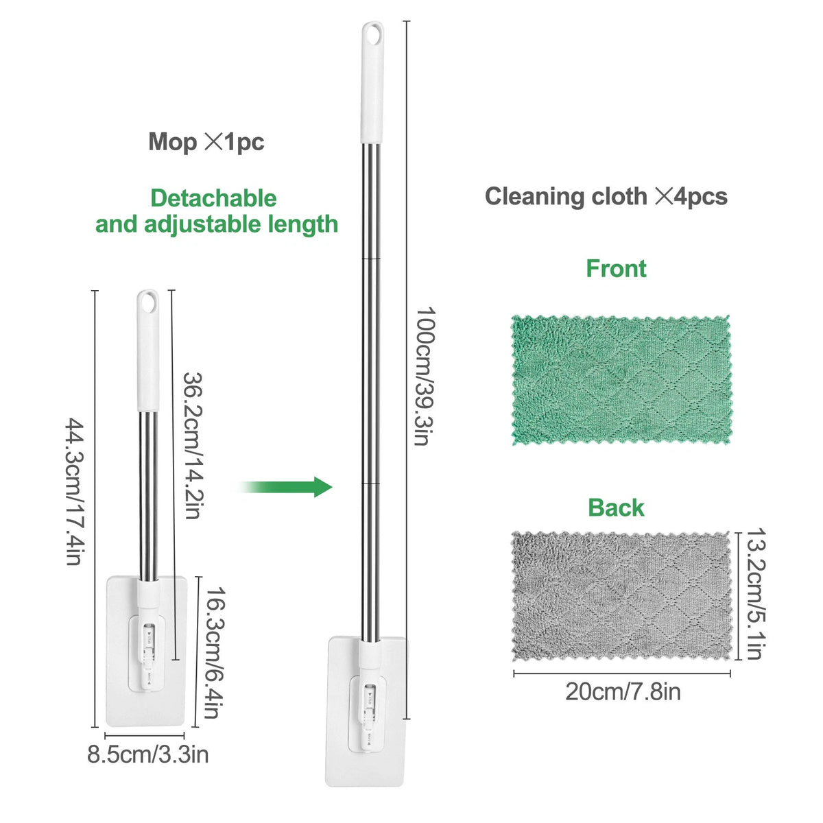 Zero Touch Mini Mop Snap Grip 100cm Adjustable Handle 4 Cloths