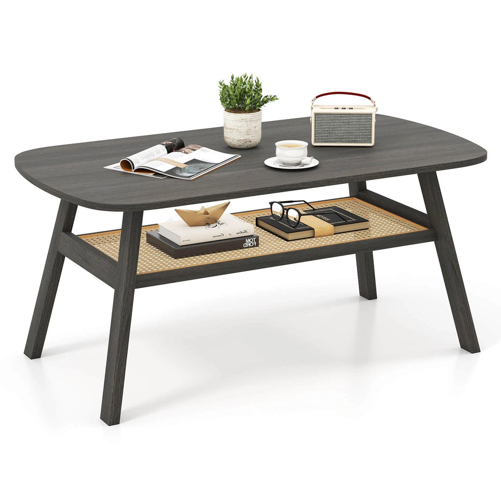 39.5" Farmhouse Coffee Table with Storage Shelf – Rattan & Wood