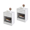 Set of 2 Modern White Nightstands – Bedside End Tables with Drawer & Open Shelf Storage