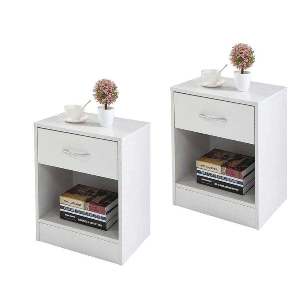 Set of 2 Modern White Nightstands – Bedside End Tables with Drawer & Open Shelf Storage