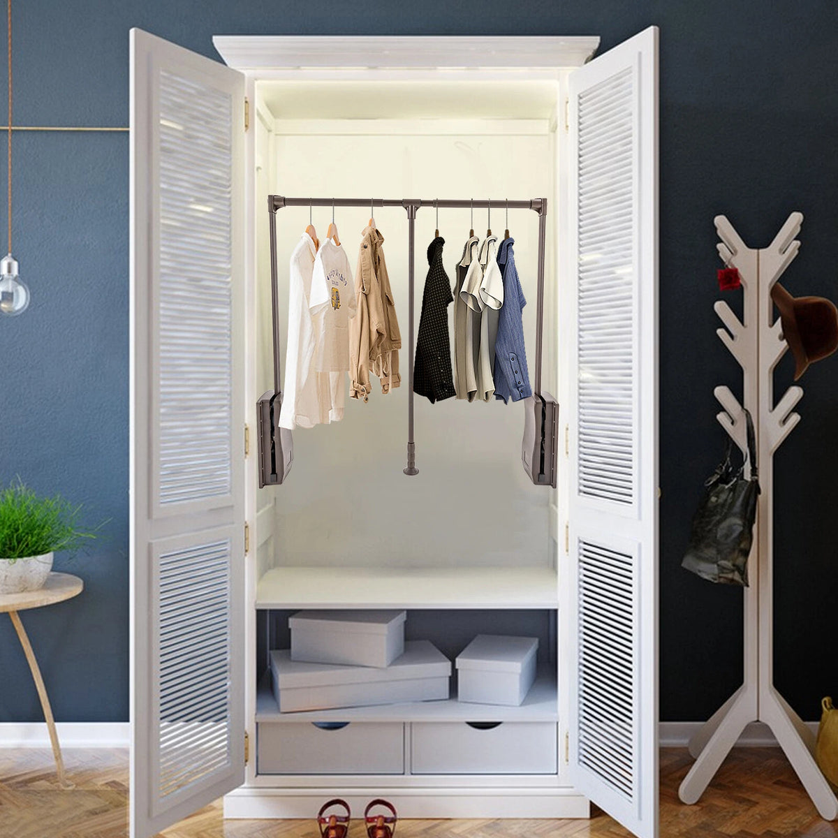 Adjustable Pull-Down Closet Rod – Soft-Close Wardrobe Lift, 35–47" Aluminum Hanging Rack, 55 lb Capacity
