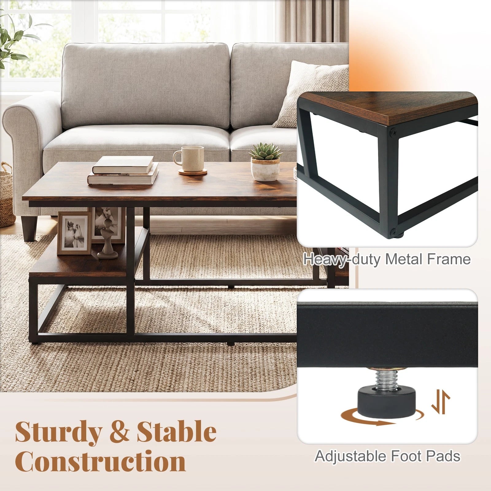 Rustic Coffee Table with Storage Shelves – Modern Rectangular Center Table