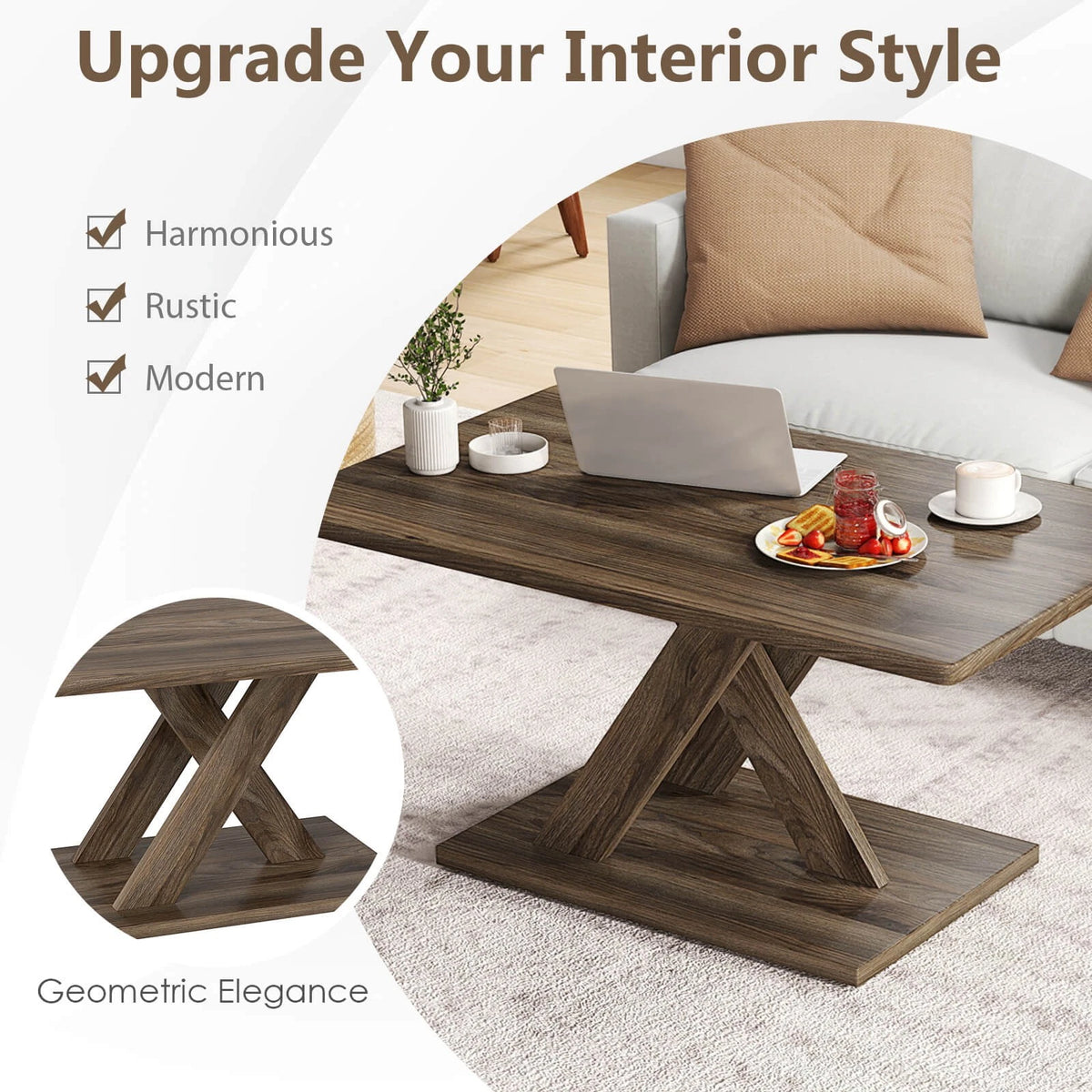 37.5" Modern Coffee Table – Rustic Wood, Stable Base