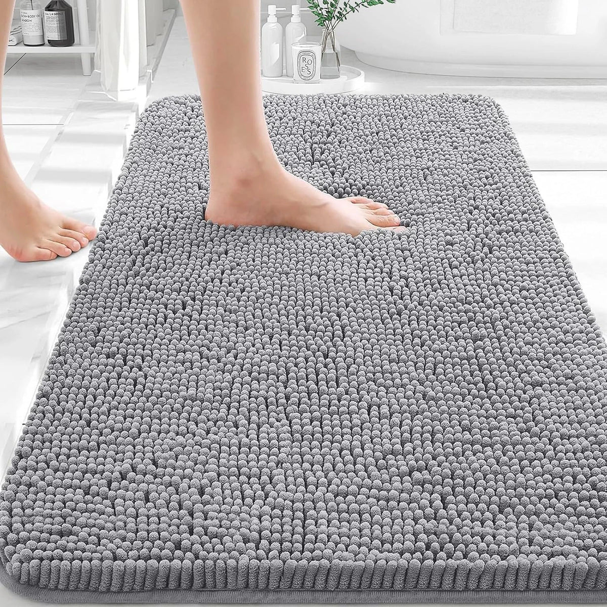 Chenille Bath Mat 30" x 20" Grey Non-Slip Absorbent Fluffy Bathroom Rug