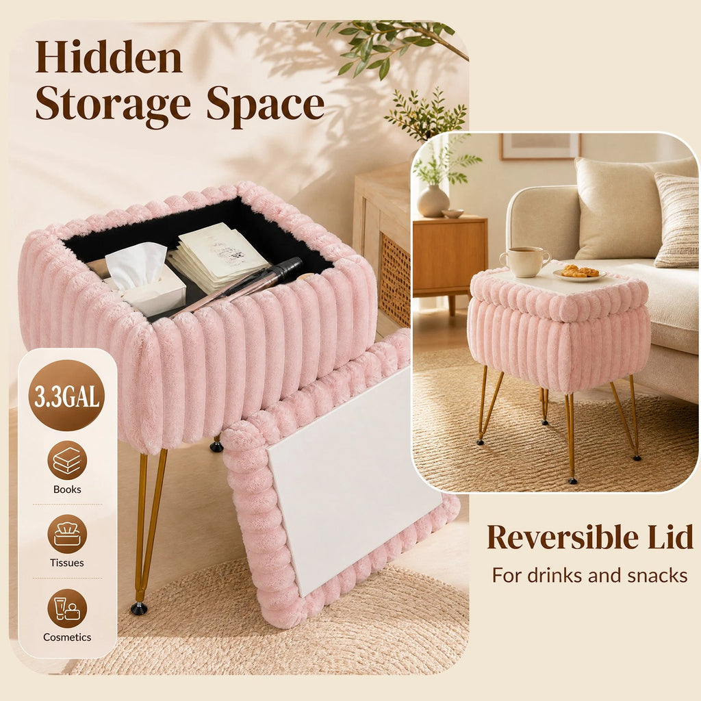 Pink & Gold Vanity Stool with Storage – Plush Seat, Reversible Lid