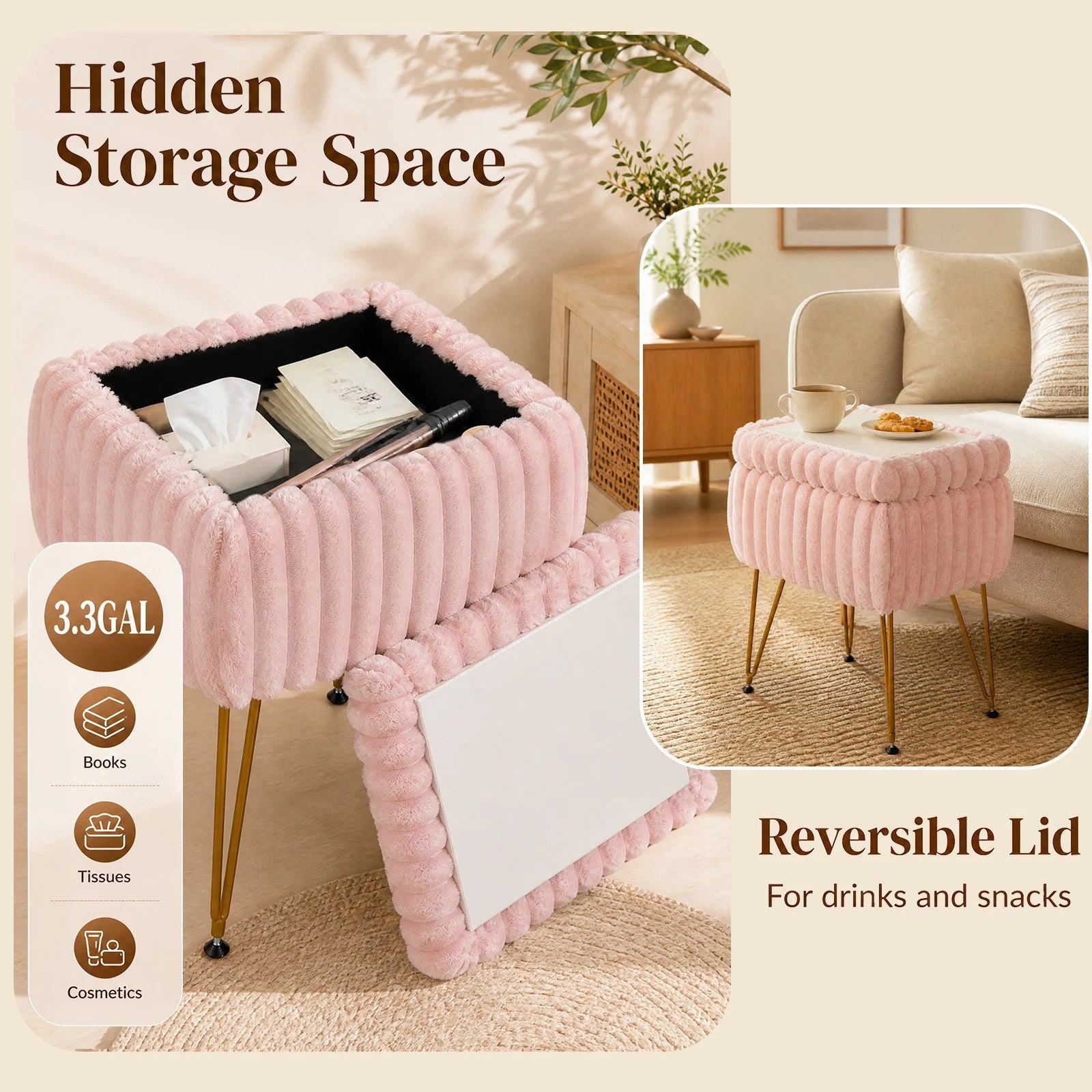 Pink & Gold Vanity Stool with Storage – Plush Seat, Reversible Lid