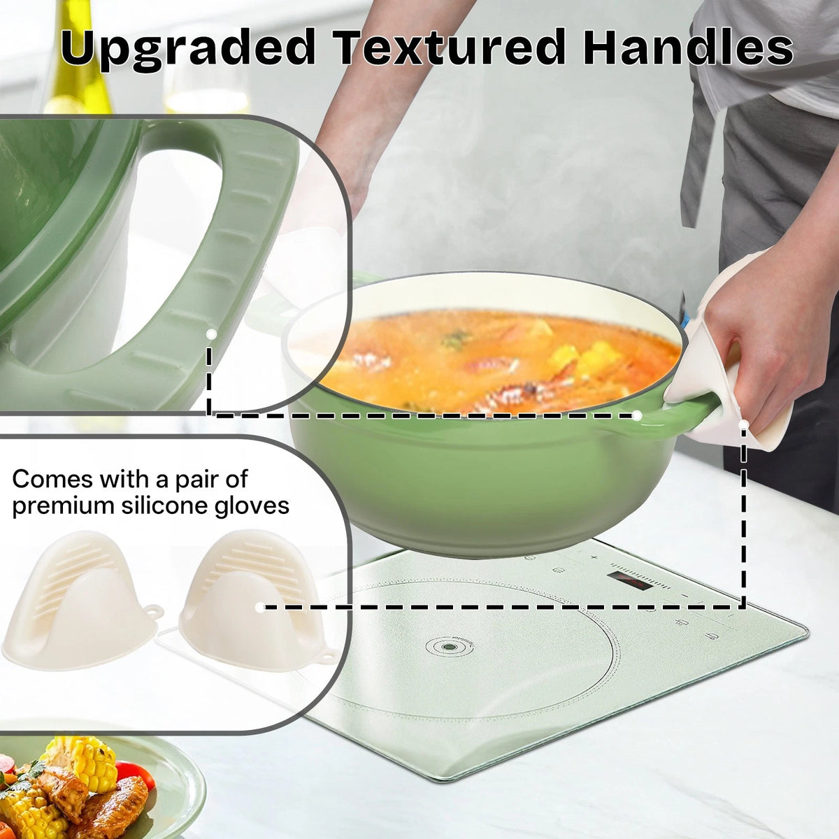 5QT Green Enameled Cast Iron Dutch Oven with Lid – Oven-Safe Round Pot for Bread, Stews & Braising