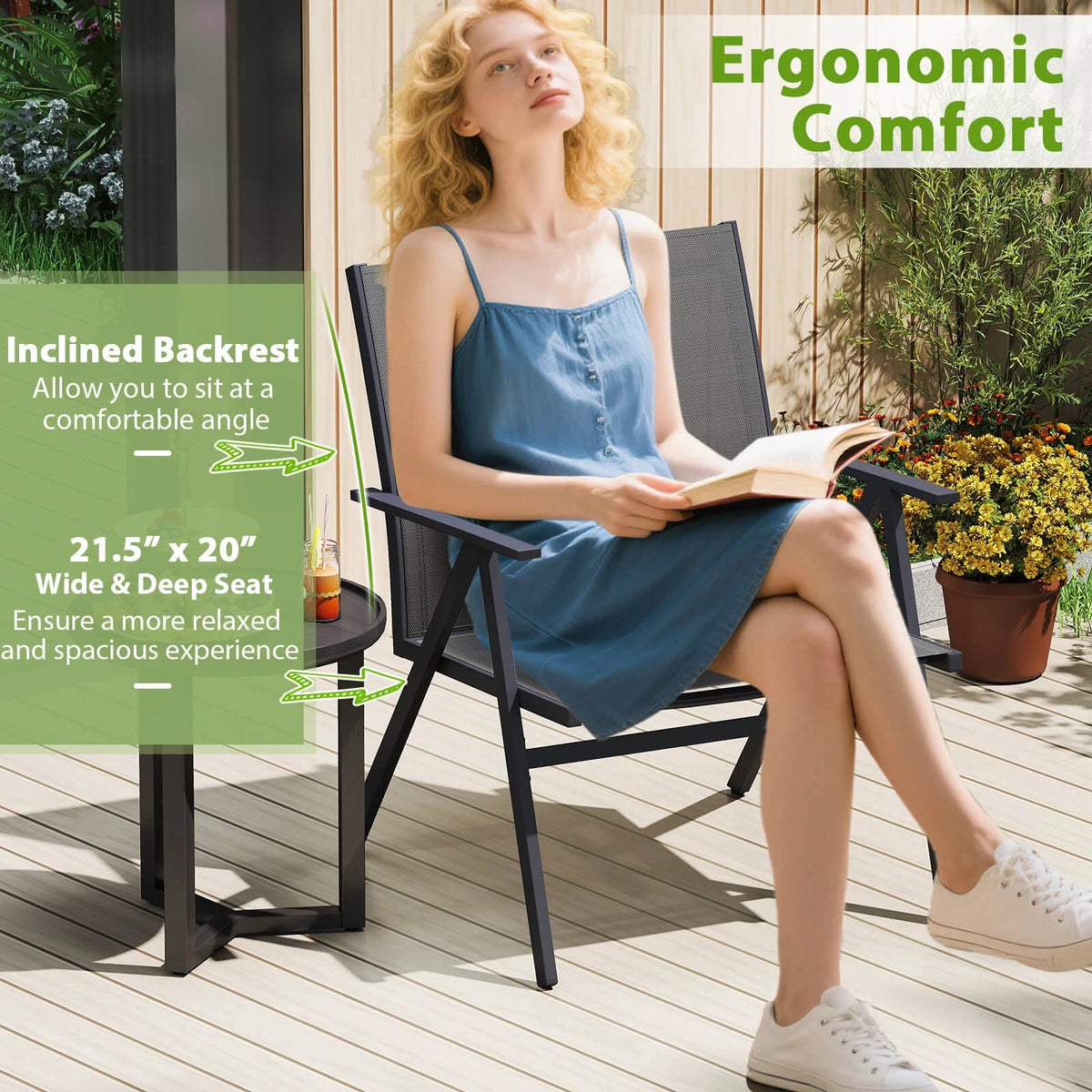 Metal Patio Chairs Set of 2 – Breathable Mesh, Reclined Backrest, Gray