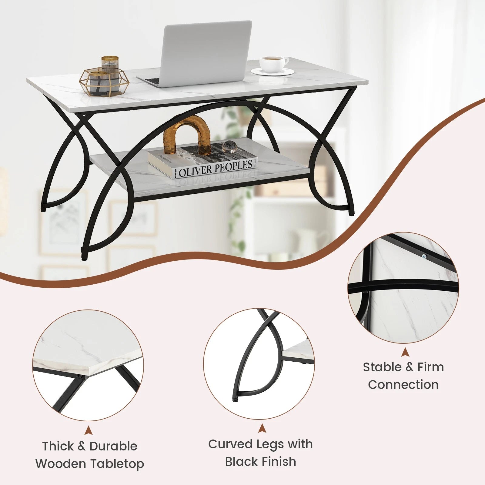 2-Tier Industrial Coffee Table – Rectangular Cocktail Table with Storage Shelf, White