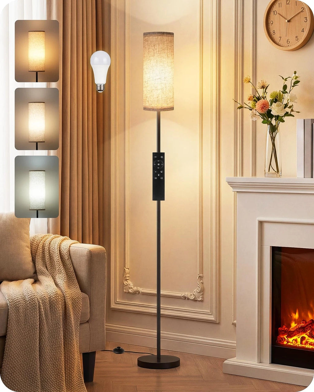 64.4" Modern LED Floor Lamp with Remote Control & Foot Switch, Dimmable Standing Floor Lamp for Living Room, Bedroom, Office, Linen Shade, E26 Bulb Included