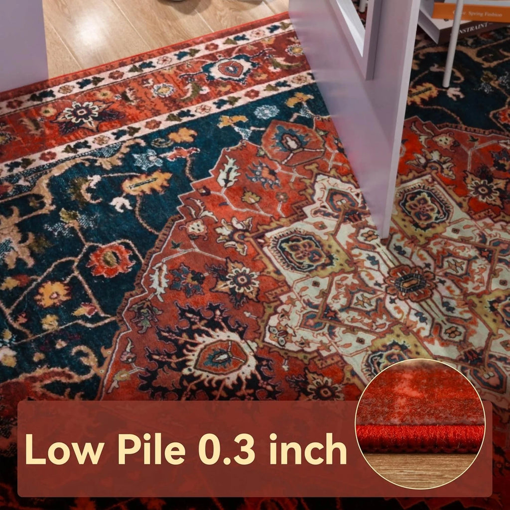 Vintage Medallion Area Rug 4x6 – Machine Washable Non-Slip Floral Living Room Rug, Soft Faux Wool