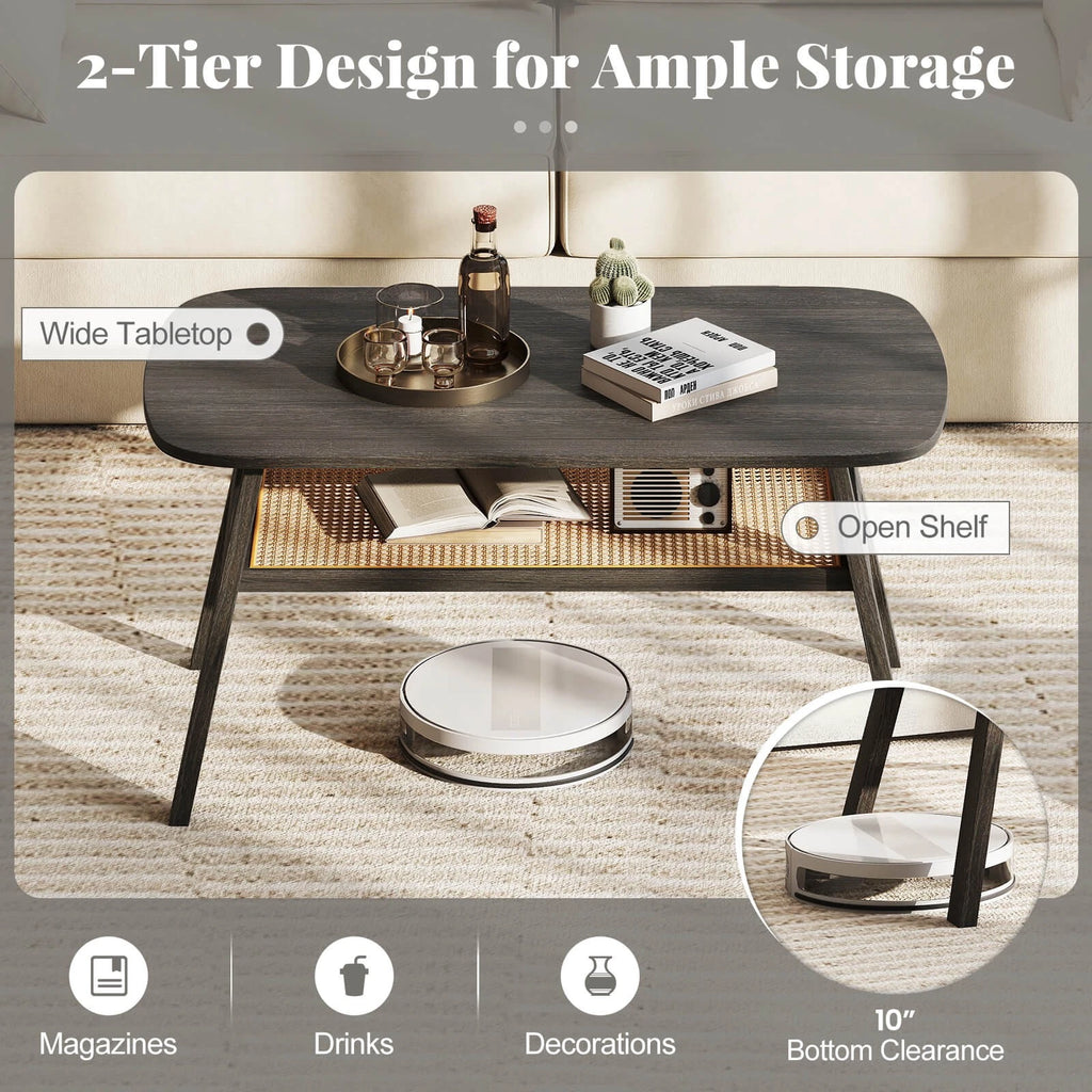 39.5" Farmhouse Coffee Table with Storage Shelf – Rattan & Wood