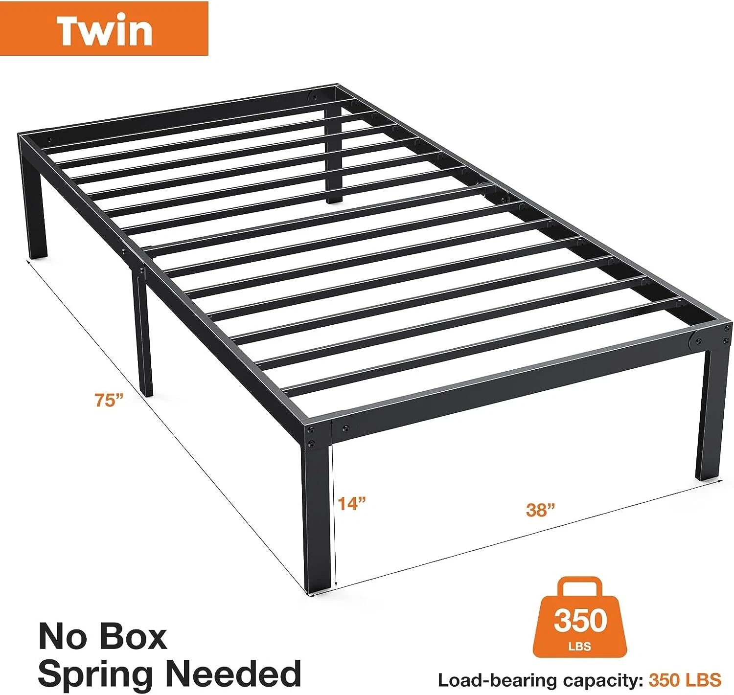 Twin Bed Frame Heavy Duty Steel Metal Platform Black 75x57in New