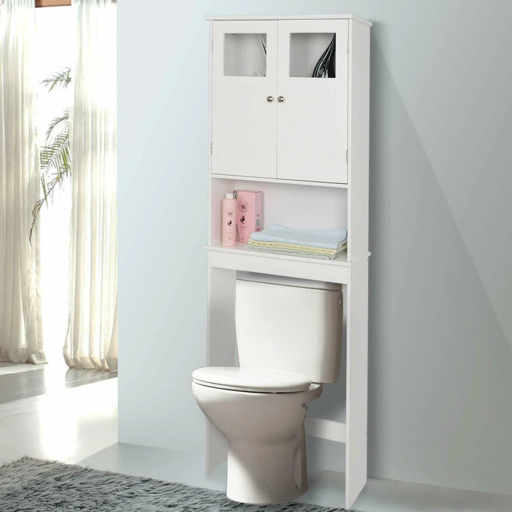 Modern White Freestanding Bathroom Storage Cabinet – Tall Double-Door MDF Organizer with Adjustable Shelves