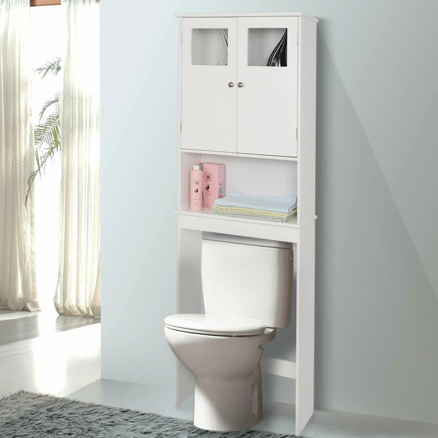 Modern White Freestanding Bathroom Storage Cabinet – Tall Double-Door MDF Organizer with Adjustable Shelves