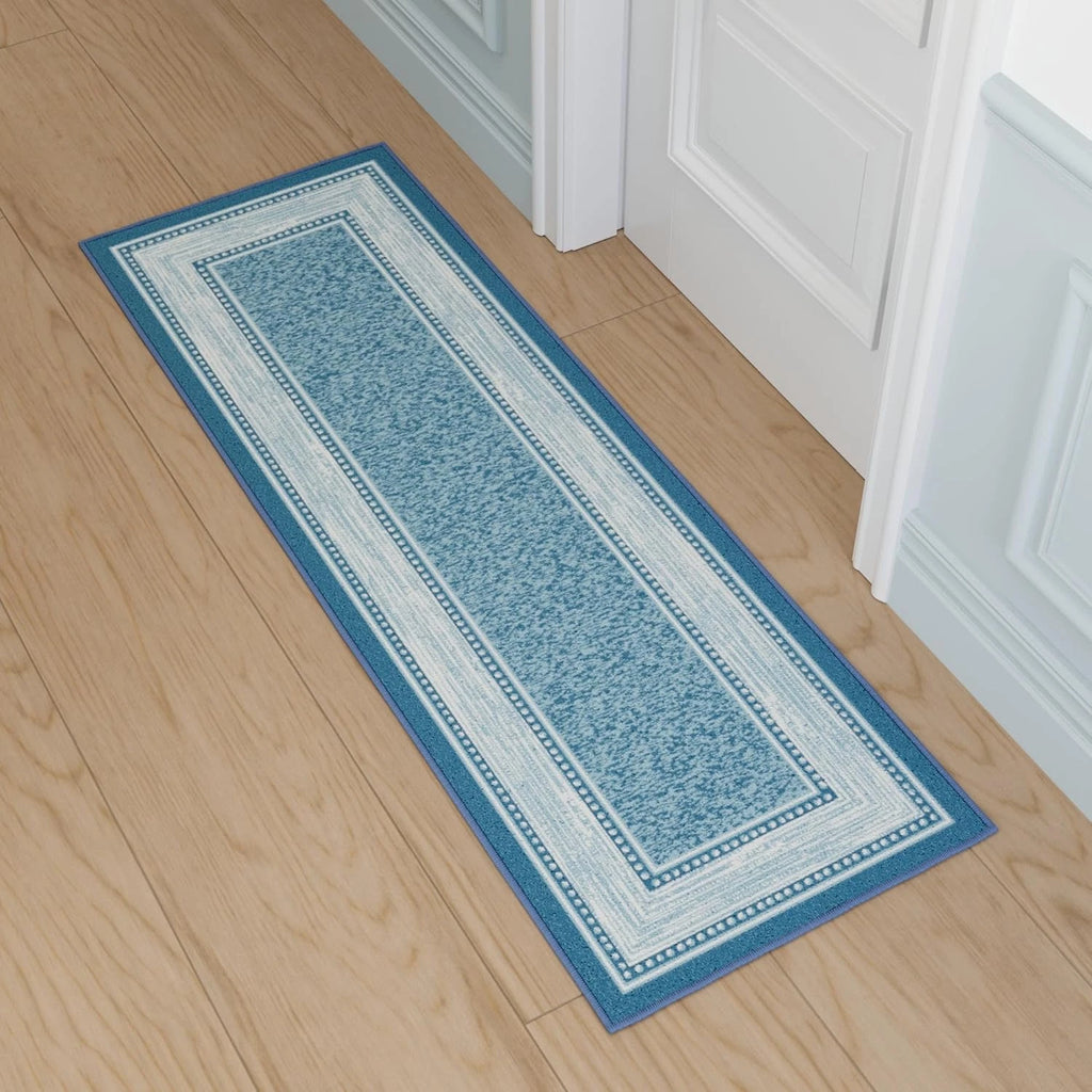 Kitchen Runner Rug 20" x 59" Non-Slip Border Blue Nylon Low Pile Hallway Runner