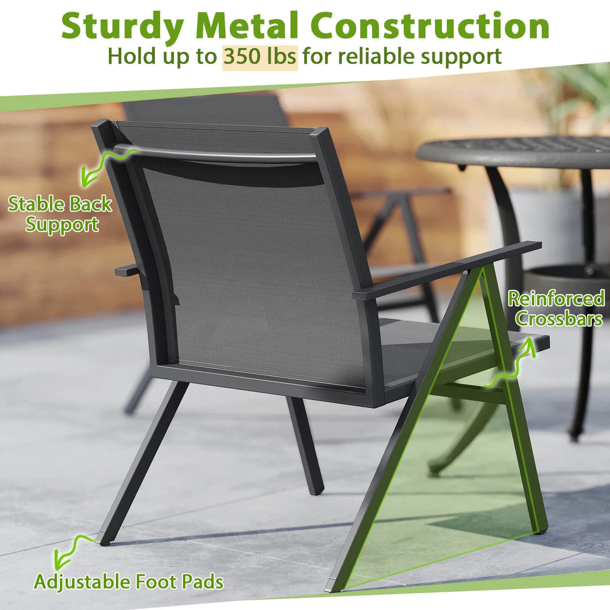 Metal Patio Chairs Set of 2 – Breathable Mesh, Reclined Backrest, Gray