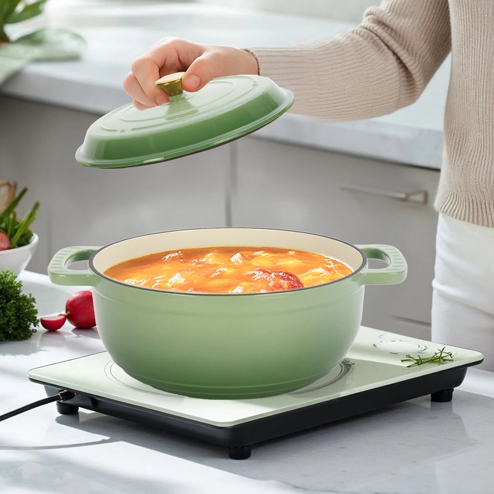 5QT Green Enameled Cast Iron Dutch Oven with Lid – Oven-Safe Round Pot for Bread, Stews & Braising