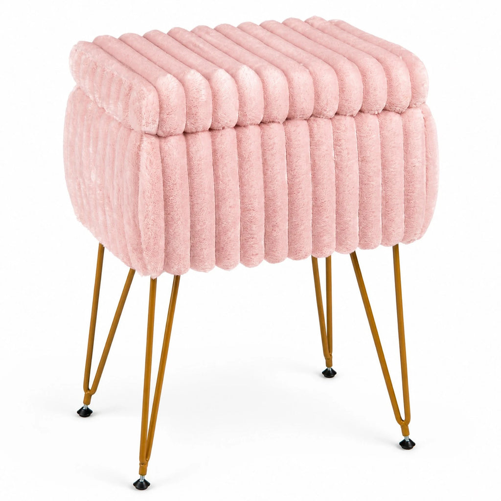 Pink & Gold Vanity Stool with Storage – Plush Seat, Reversible Lid