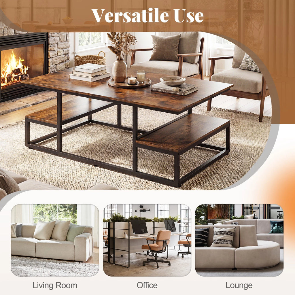 Rustic Coffee Table with Storage Shelves – Modern Rectangular Center Table