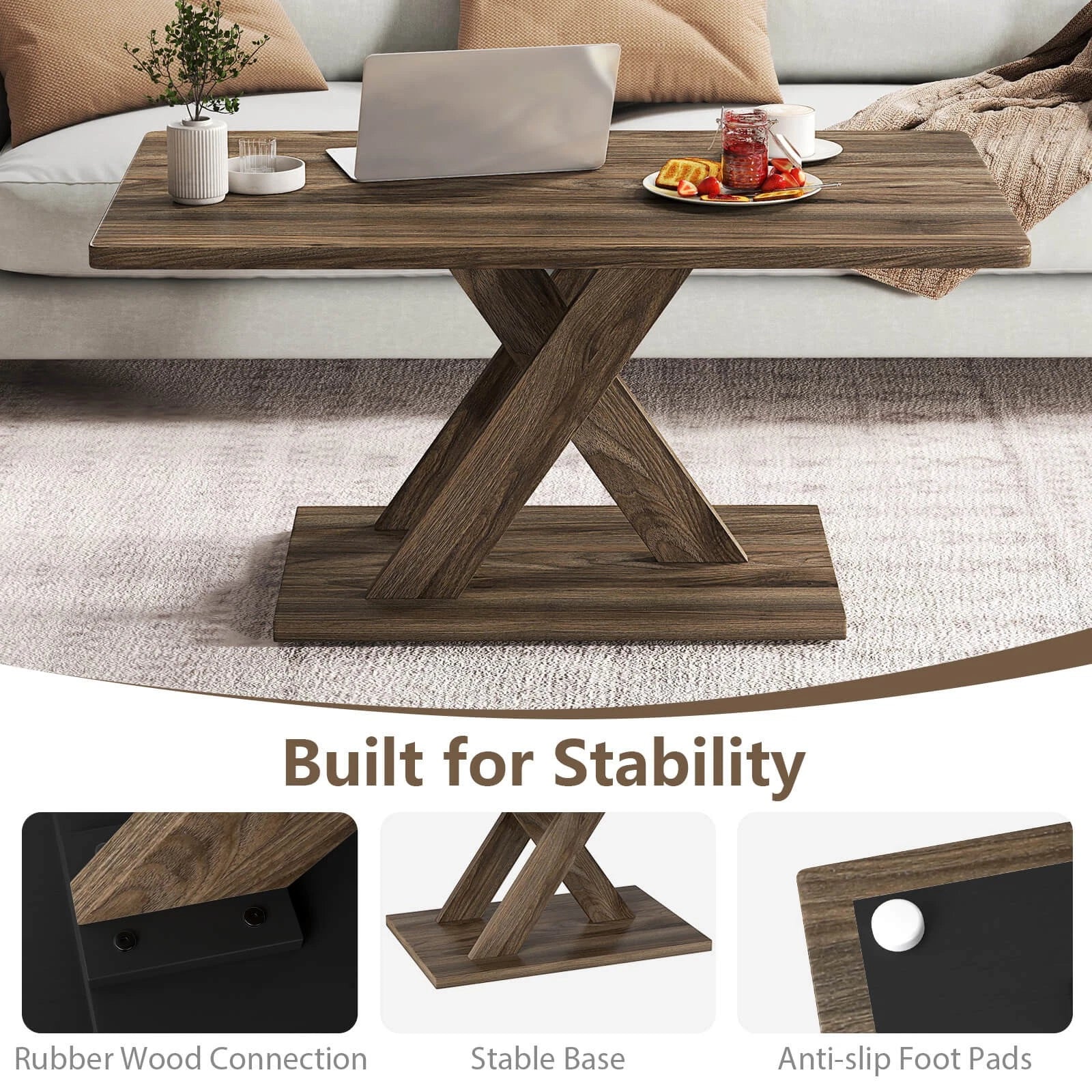 37.5" Modern Coffee Table – Rustic Wood, Stable Base