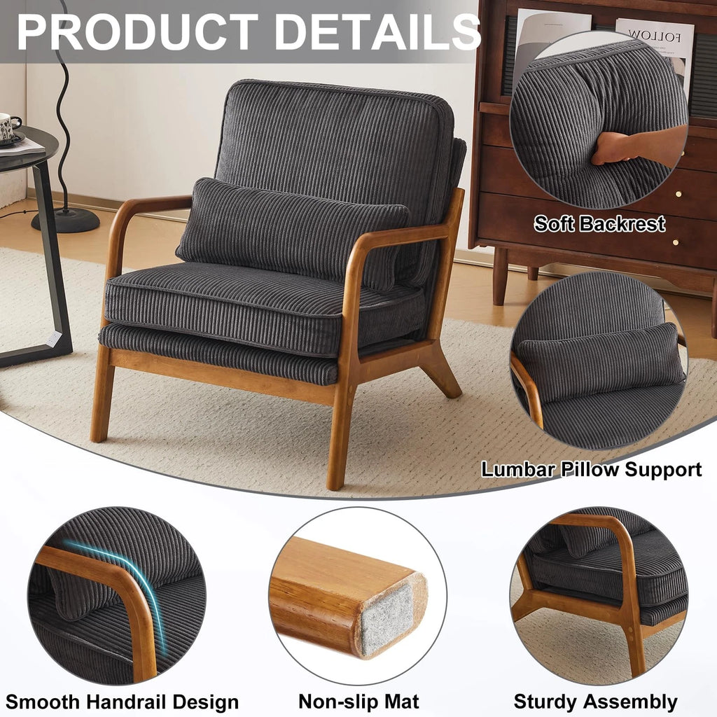 Mid-Century Modern Accent Chair – Corduroy Upholstered Lounge Chair with Curved Wood Arms, Includes Back Pillow,