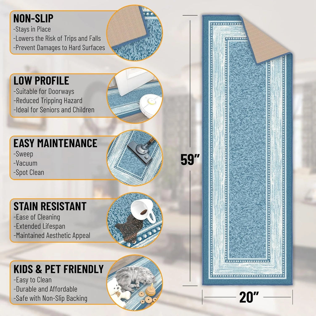 Kitchen Runner Rug 20" x 59" Non-Slip Border Blue Nylon Low Pile Hallway Runner