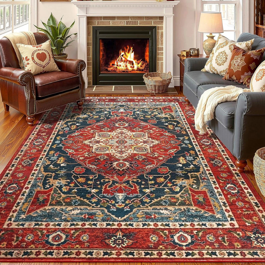 Vintage Medallion Area Rug 4x6 – Machine Washable Non-Slip Floral Living Room Rug, Soft Faux Wool