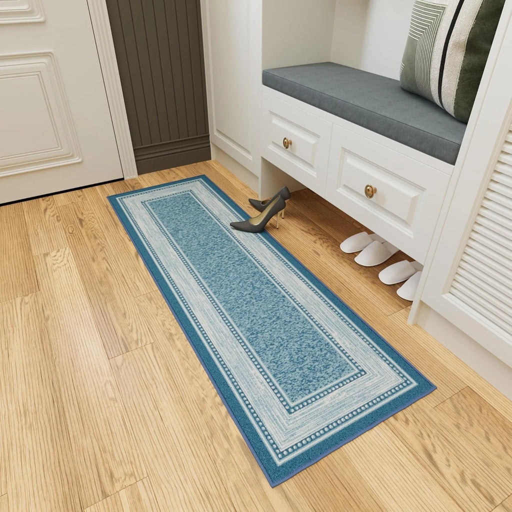 Kitchen Runner Rug 20" x 59" Non-Slip Border Blue Nylon Low Pile Hallway Runner