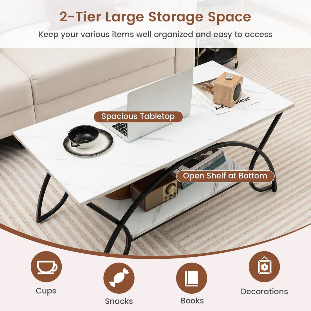 2-Tier Industrial Coffee Table – Rectangular Cocktail Table with Storage Shelf, White