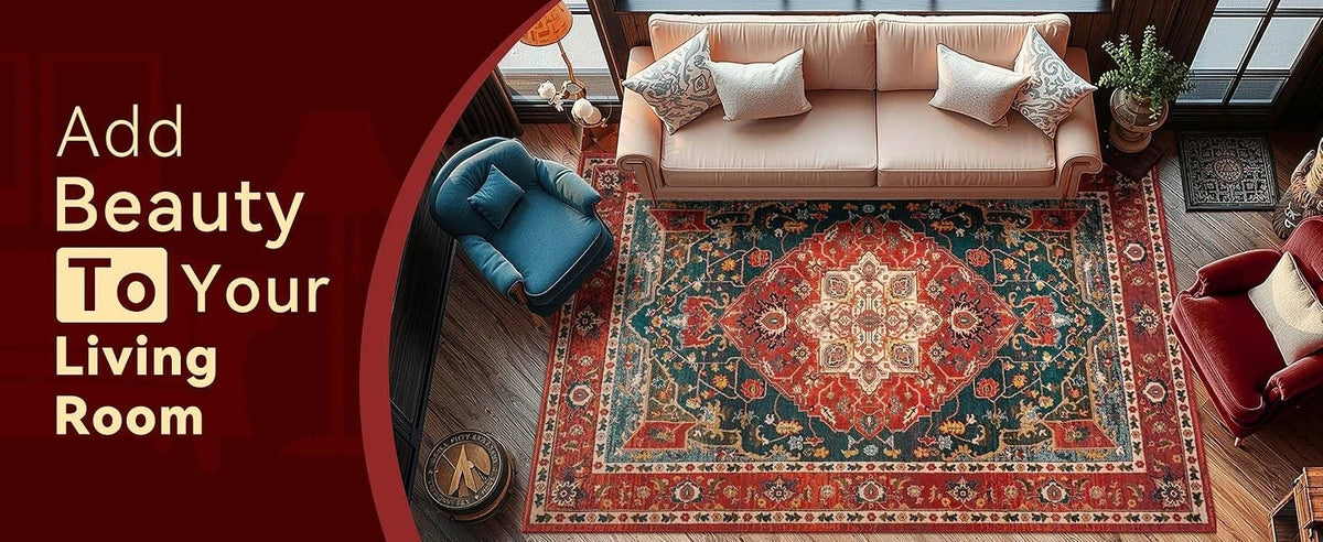Vintage Medallion Area Rug 4x6 – Machine Washable Non-Slip Floral Living Room Rug, Soft Faux Wool