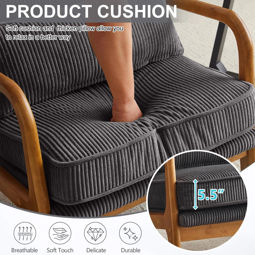 Mid-Century Modern Accent Chair – Corduroy Upholstered Lounge Chair with Curved Wood Arms, Includes Back Pillow,
