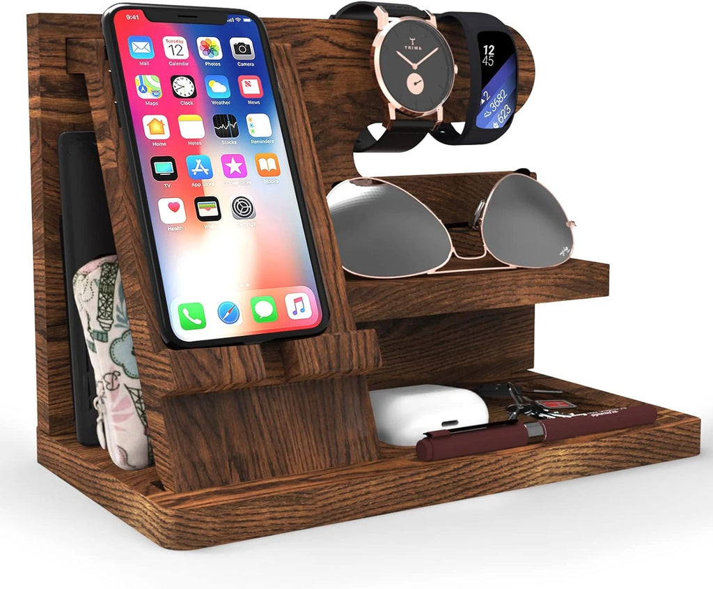 Wooden Phone Docking Station Nightstand Organizer for Men with Phone Holder, Wallet, Keys & Watch Storage, Rustic Bedside Desk Organizer