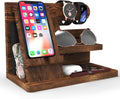 Wooden Phone Docking Station Nightstand Organizer for Men with Phone Holder, Wallet, Keys & Watch Storage, Rustic Bedside Desk Organizer