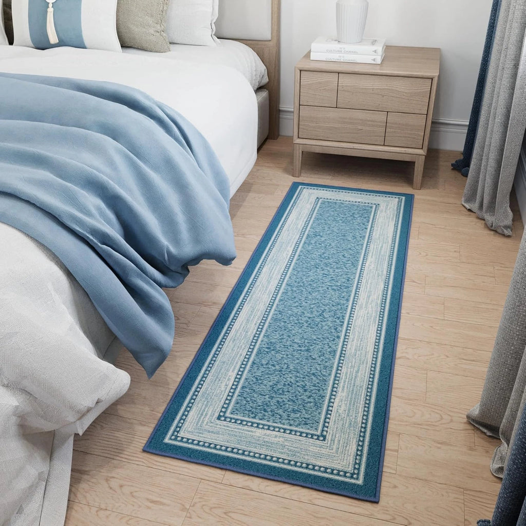 Kitchen Runner Rug 20" x 59" Non-Slip Border Blue Nylon Low Pile Hallway Runner