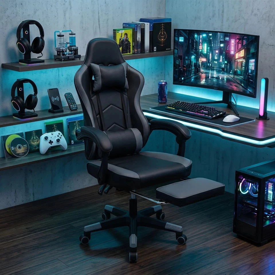 Ergonomic Gaming Office Chair, Reclining w/ Footrest, Headrest & Lumbar Pillow