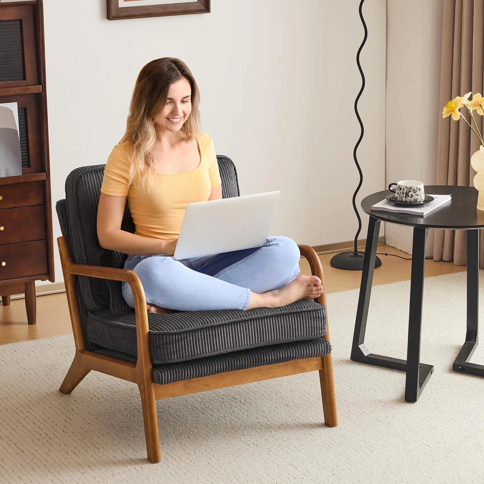 Mid-Century Modern Accent Chair – Corduroy Upholstered Lounge Chair with Curved Wood Arms, Includes Back Pillow,