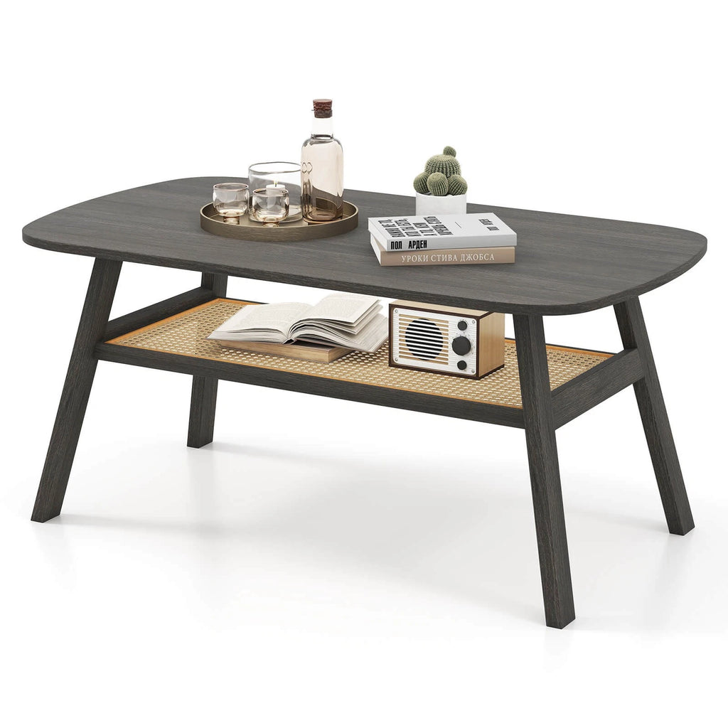 39.5" Farmhouse Coffee Table with Storage Shelf – Rattan & Wood