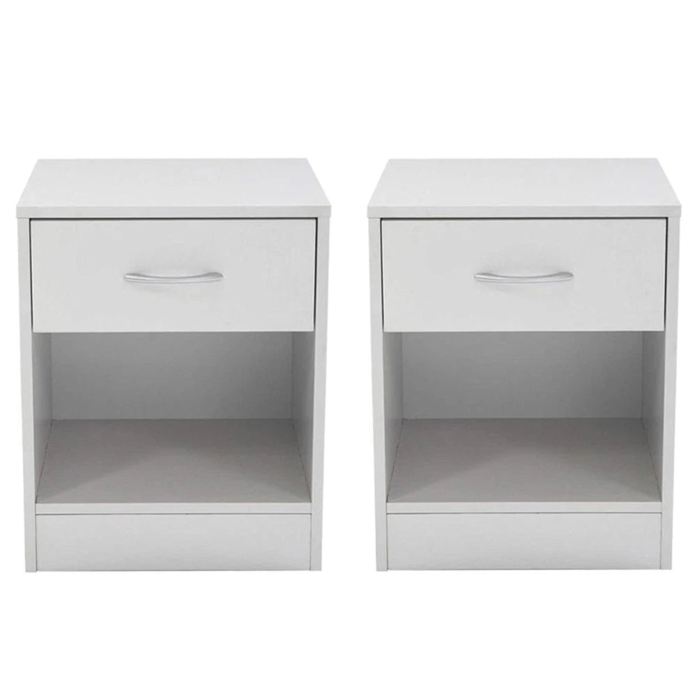 Set of 2 Modern White Nightstands – Bedside End Tables with Drawer & Open Shelf Storage