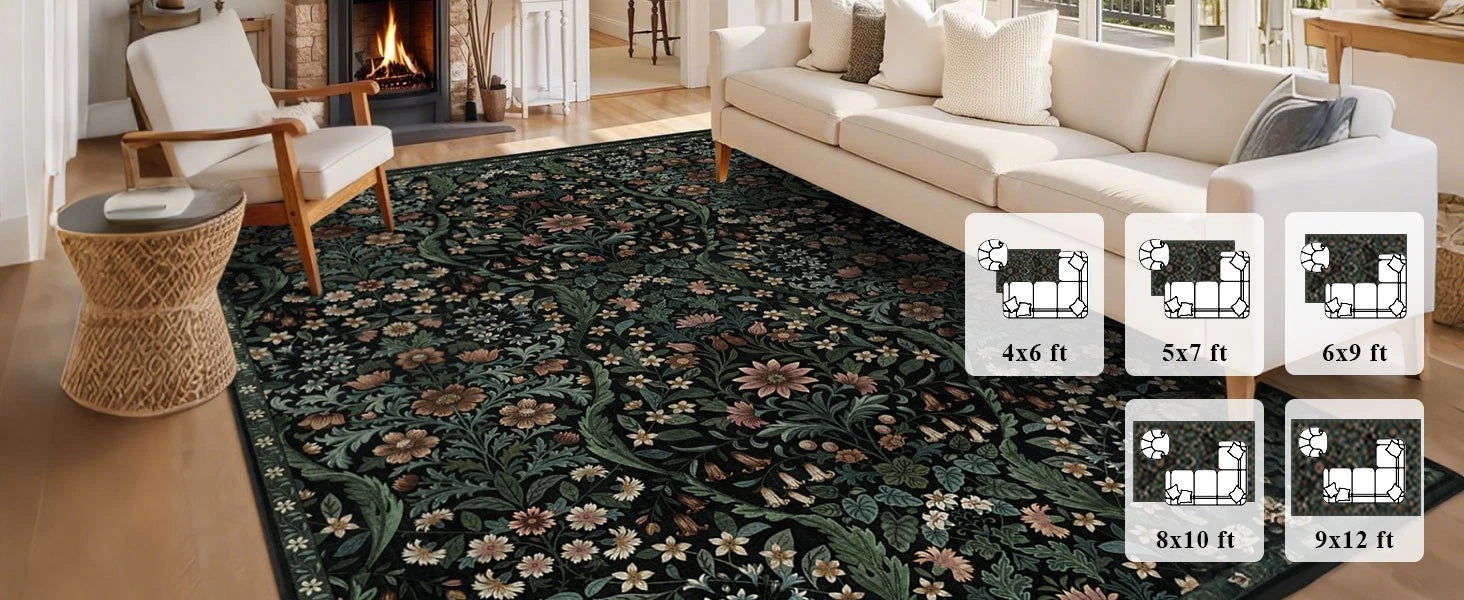 Botanical Floral Area Rug 5x7 – Soft Machine Washable Non-Slip Rug for Living Room, Bedroom, Dining & Kids Room
