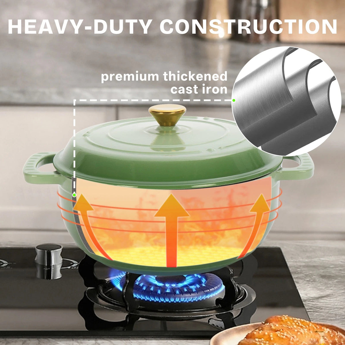 5QT Green Enameled Cast Iron Dutch Oven with Lid – Oven-Safe Round Pot for Bread, Stews & Braising