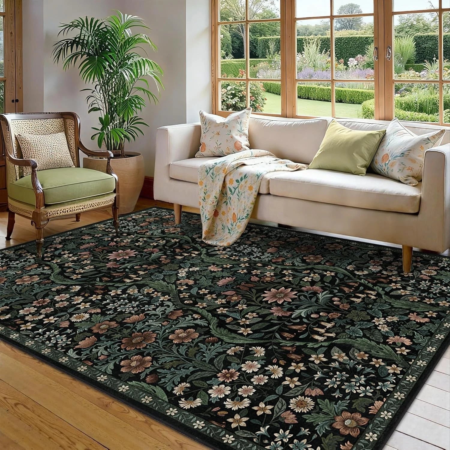 Botanical Floral Area Rug 5x7 – Soft Machine Washable Non-Slip Rug for Living Room, Bedroom, Dining & Kids Room