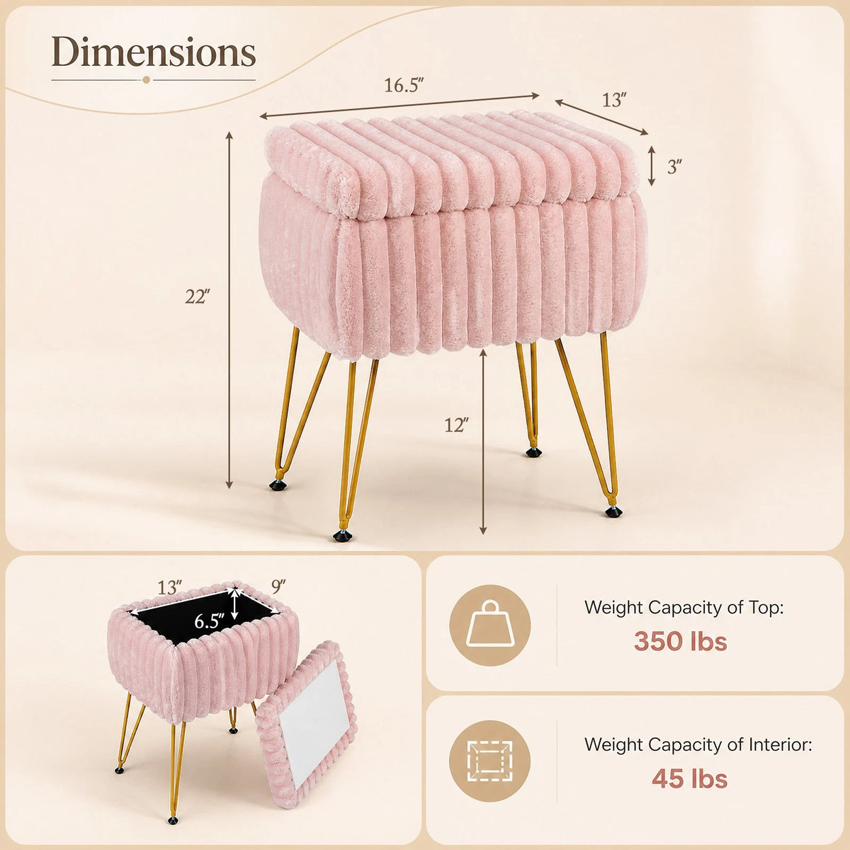 Pink & Gold Vanity Stool with Storage – Plush Seat, Reversible Lid