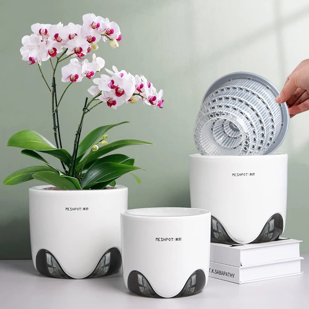 5" Orchid Pot with Drainage Holes - Double Layer Plastic Planter, Ceramic-Look Design