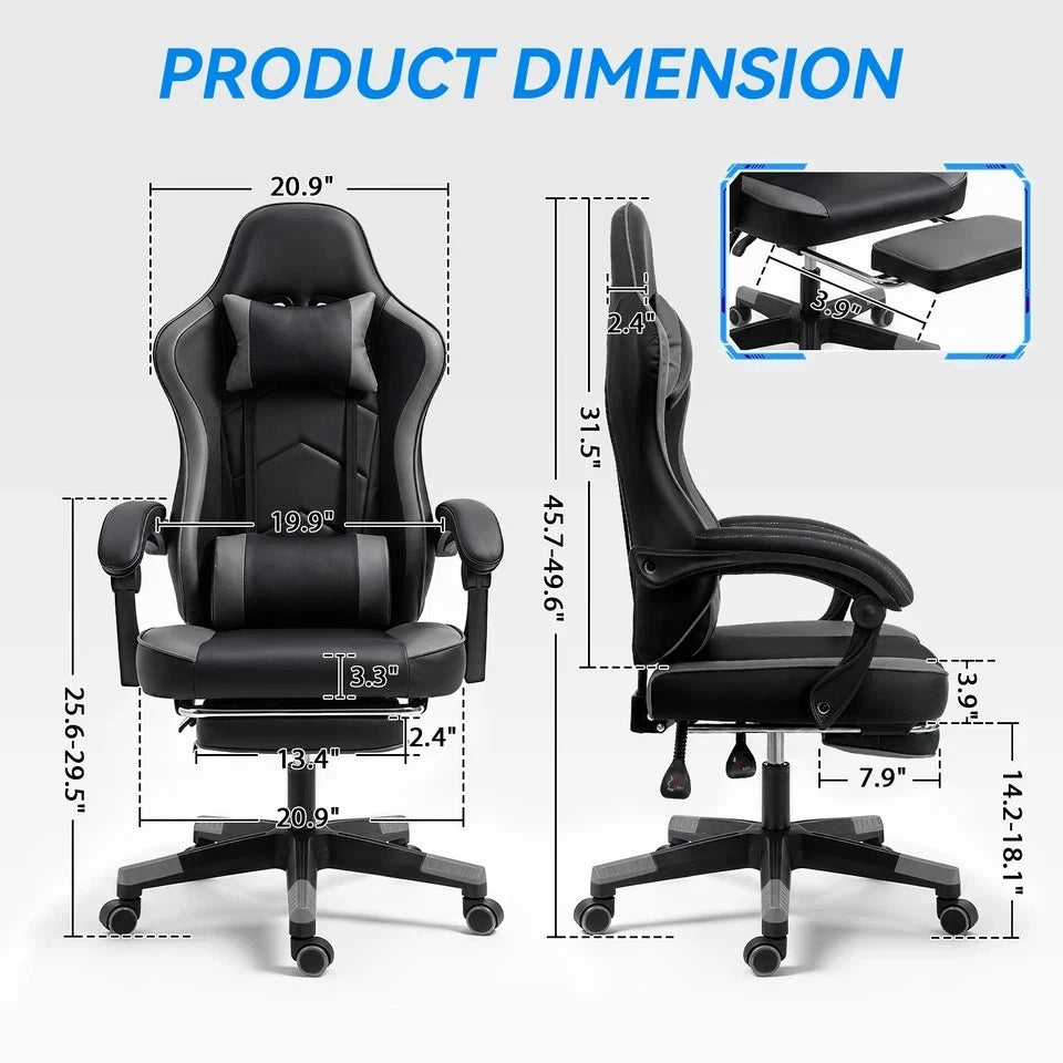 Ergonomic Gaming Office Chair, Reclining w/ Footrest, Headrest & Lumbar Pillow