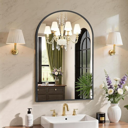 Large Arched Bathroom Mirror | Modern Matte Black Metal Frame Vanity Mirror